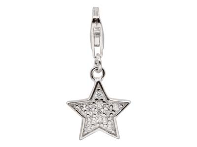 Sterling Silver Star Design Charm  With Cubic Zirconia And Carabiner  Trigger Clasp