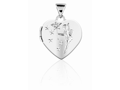 Sterling Silver Locket 15mm Heart  Fairy And Stars Diamond Set