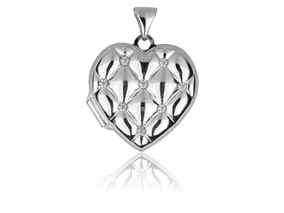 Sterling Silver Heart Quilted      Effect Locket Set With             Cubic Zirconia - Standard Image - 1