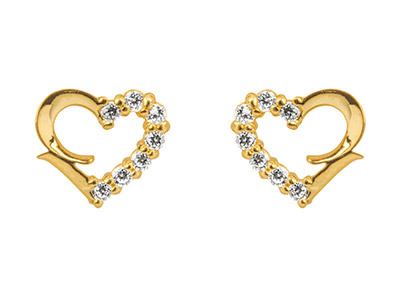 9ct Yellow Gold Heart Outline Stud Earrings Half Set With             Cubic Zirconia