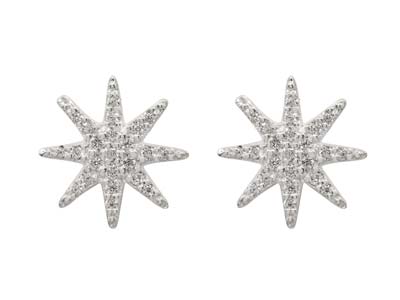 Sterling Silver Octogram Star      Design Stud Earrings With          Cubic Zirconia - Standard Image - 1