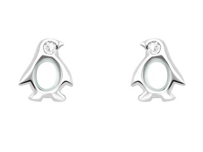 Sterling Silver Penguin Design Stud Earrings Set With Cubic Zirconia - Standard Image - 1